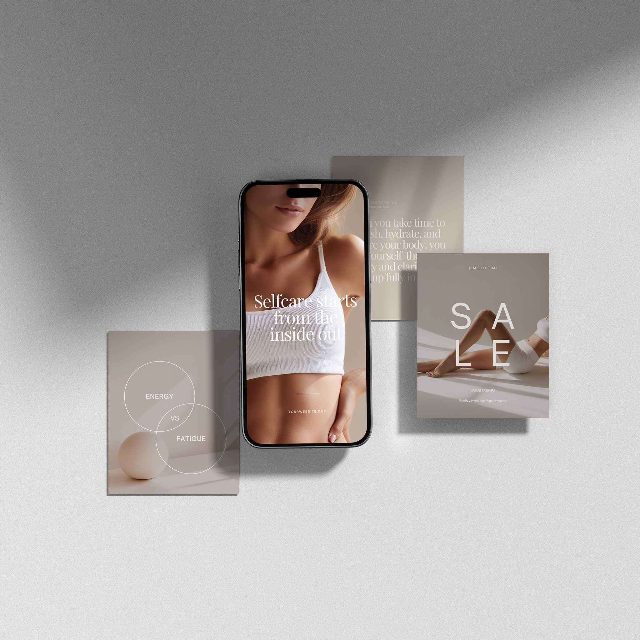 Phone displaying a skincare app with IV drip content on a light gray background