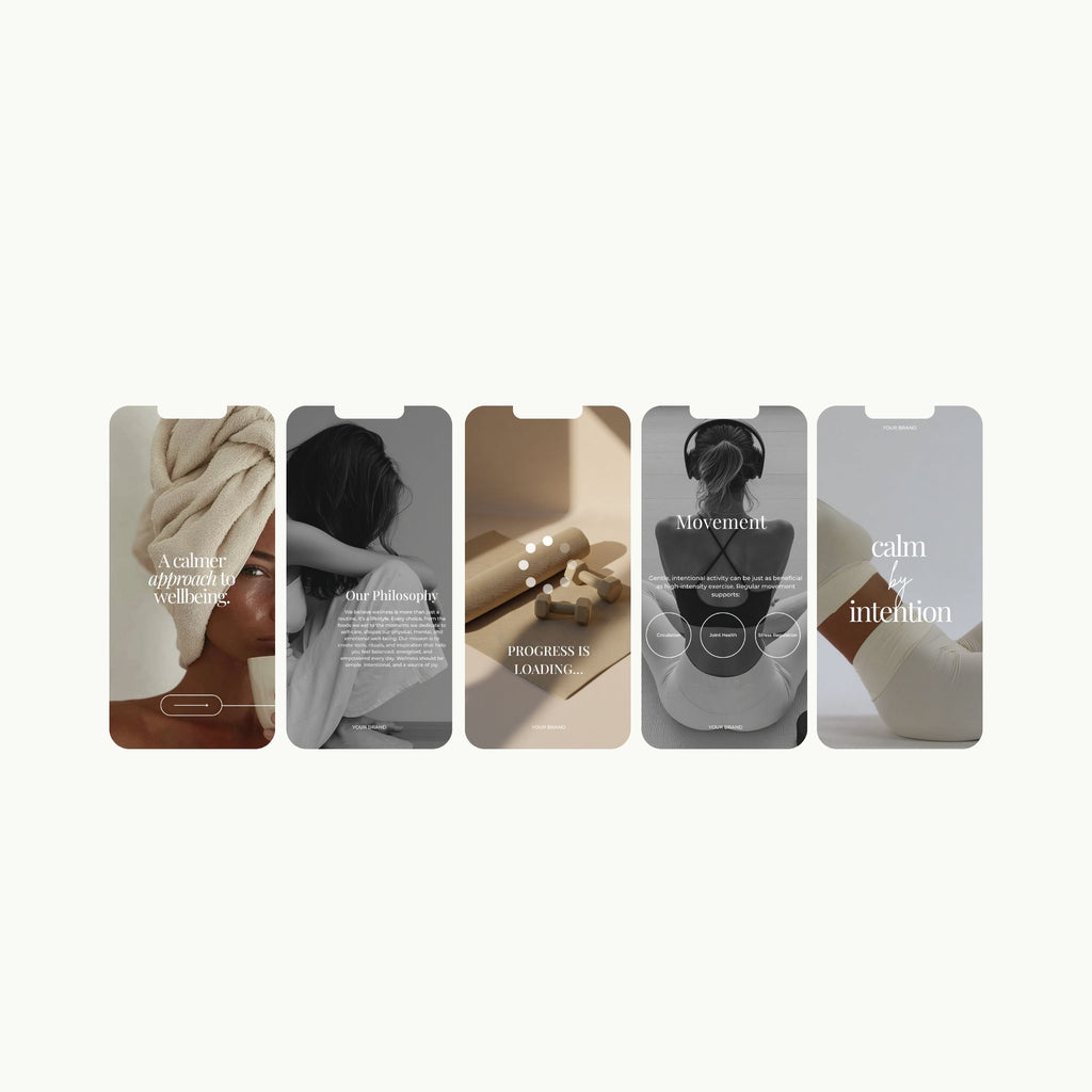 Five smartphone screen mockups with different product images and text on a white background