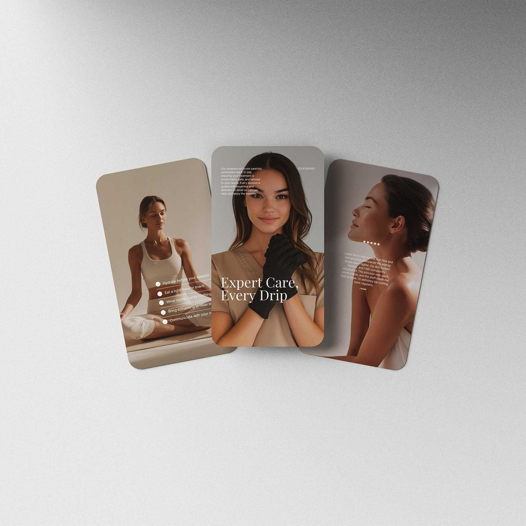 Three social media stories featuring images of a woman with text 'Expert Care, Every Drip' on a light gray background.