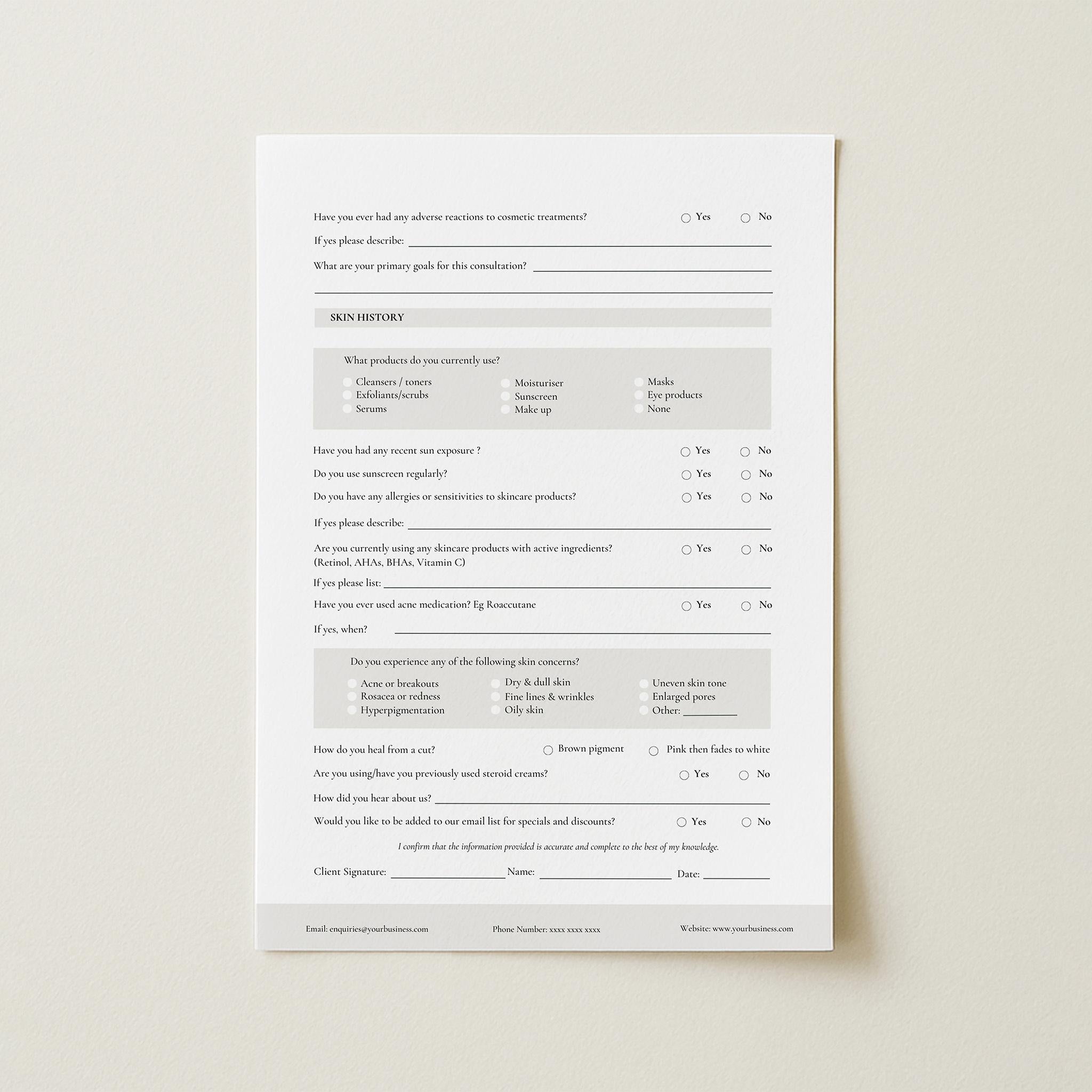 Skin care questionnaire on a light beige background