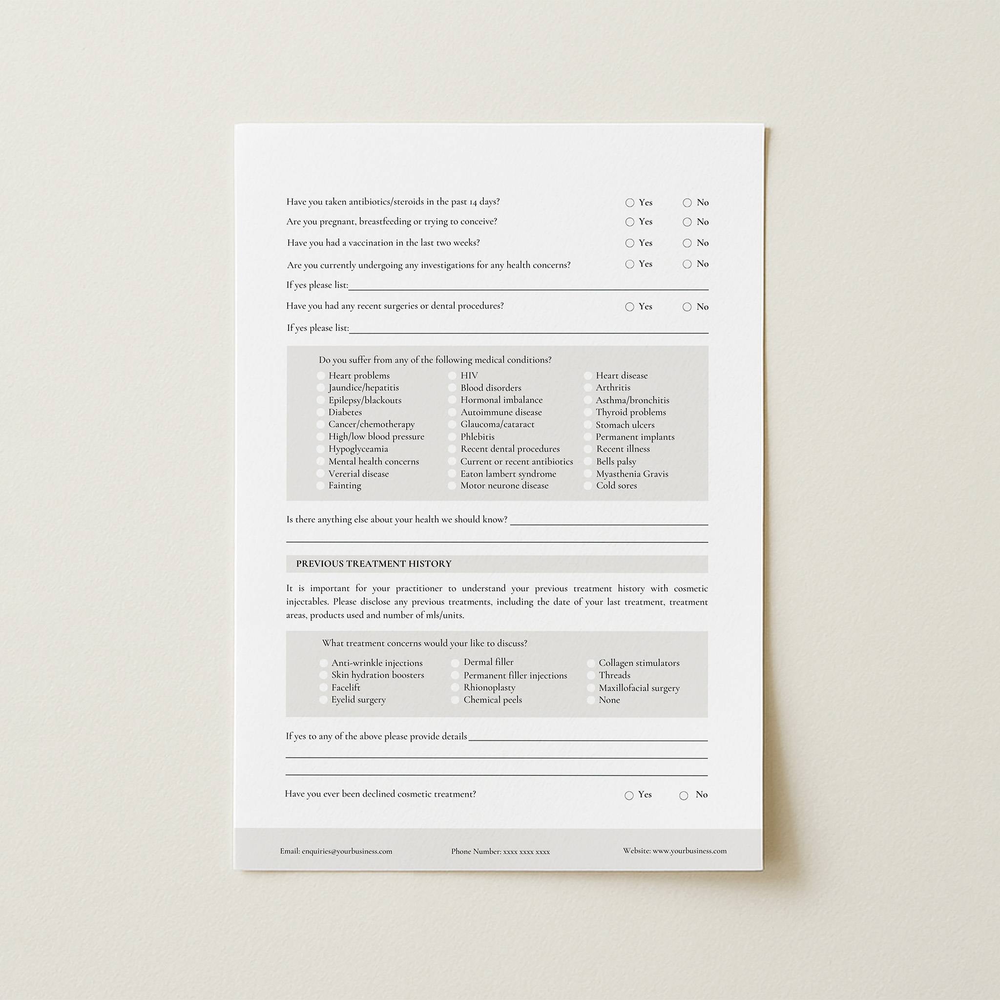 Medical questionnaire on a white background
