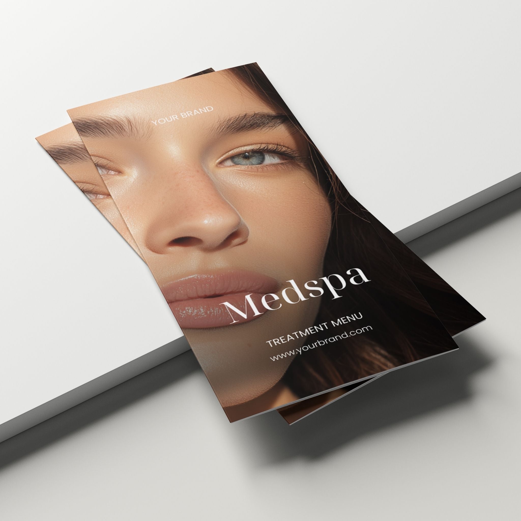 Medspa treatment menu with a woman's face on a white background