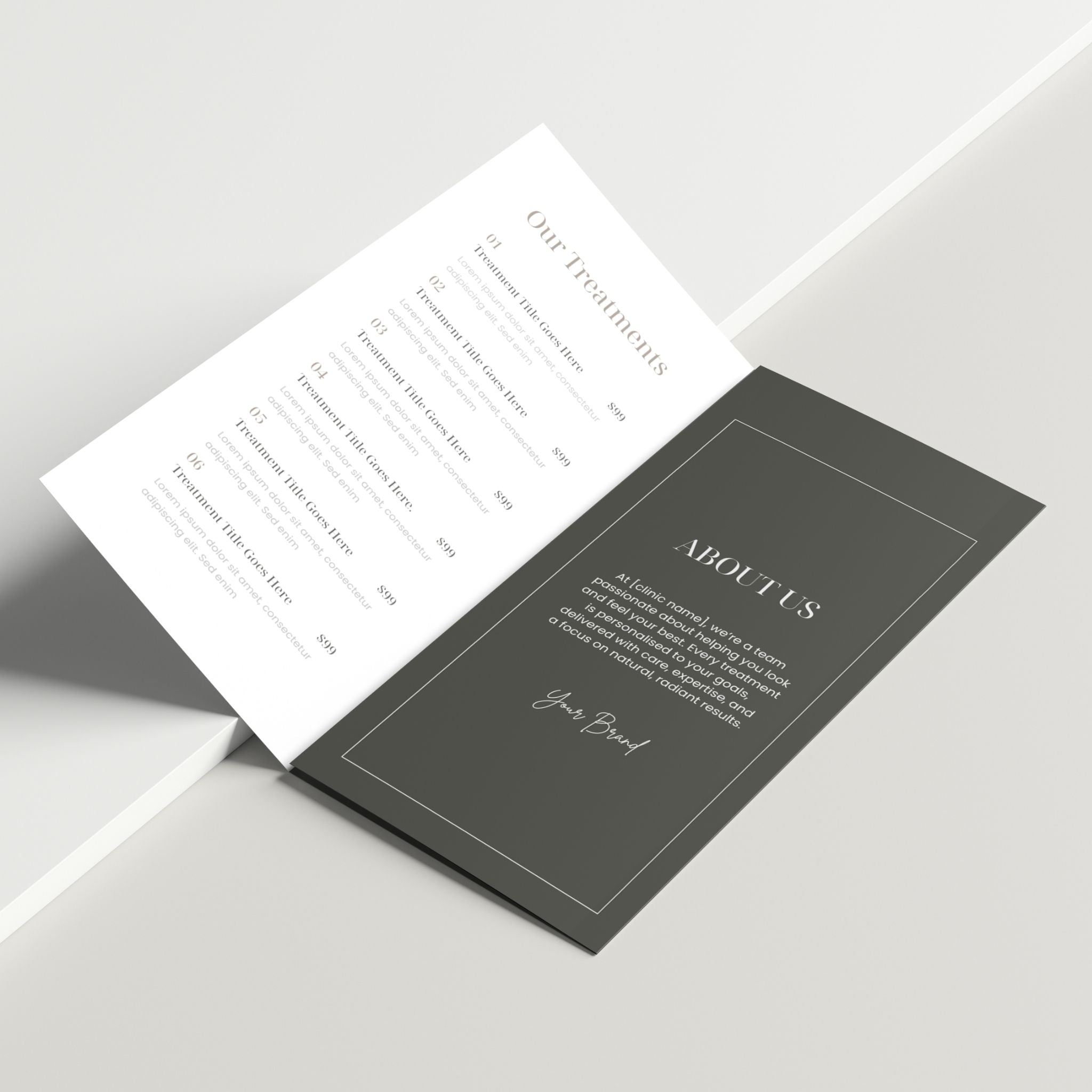 Open brochure with 'About Us' section on a light gray background