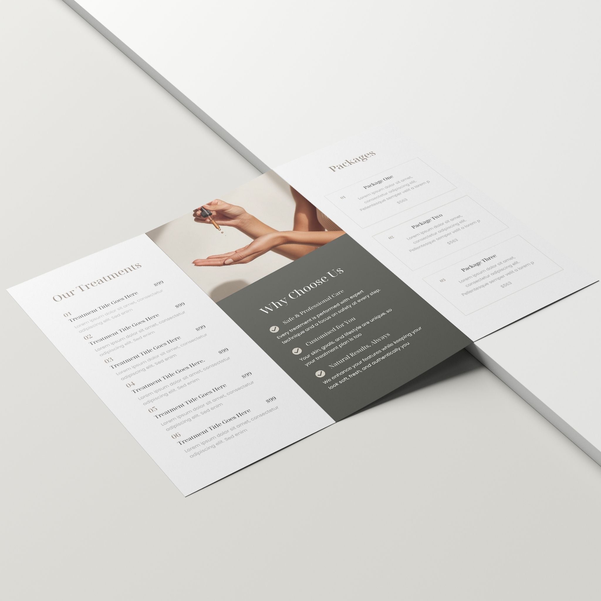 Open brochure with text and a photo of hands on a light grey background