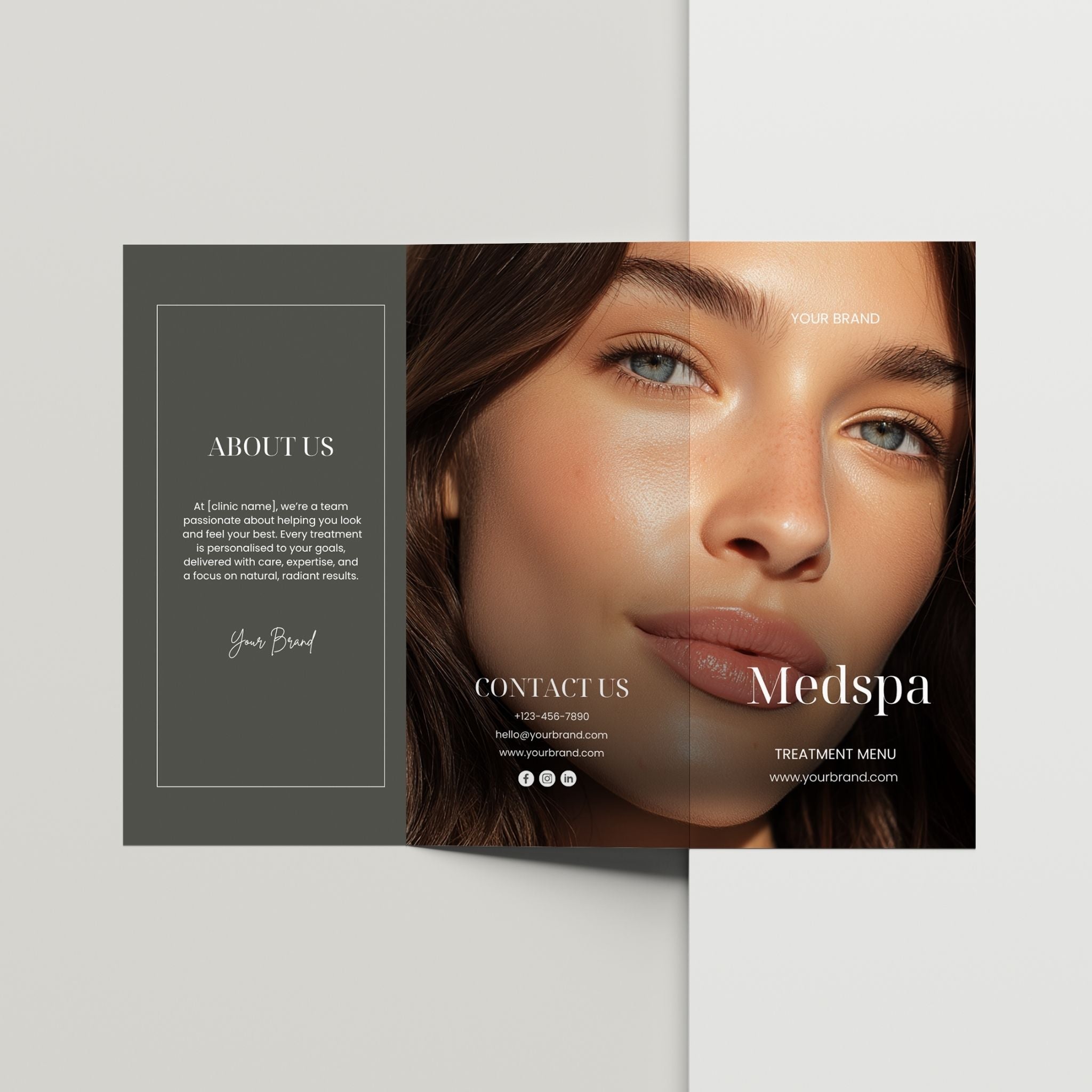 Medspa promotional flyer with a woman's face and contact information on a grey background