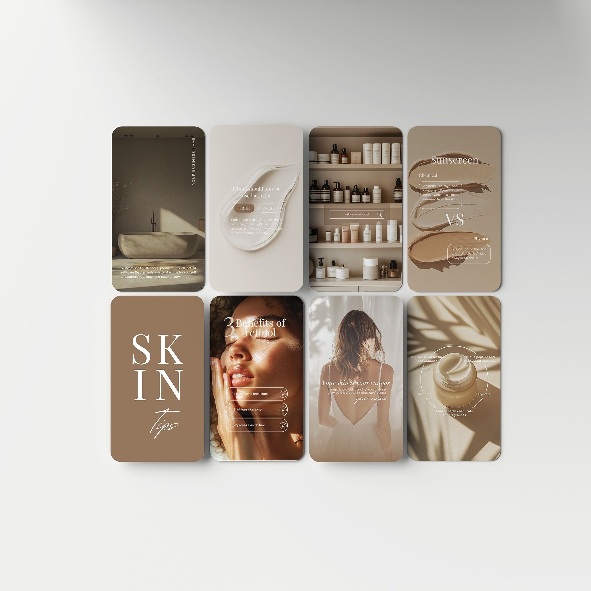 Set of skincare instagram stories on a white background