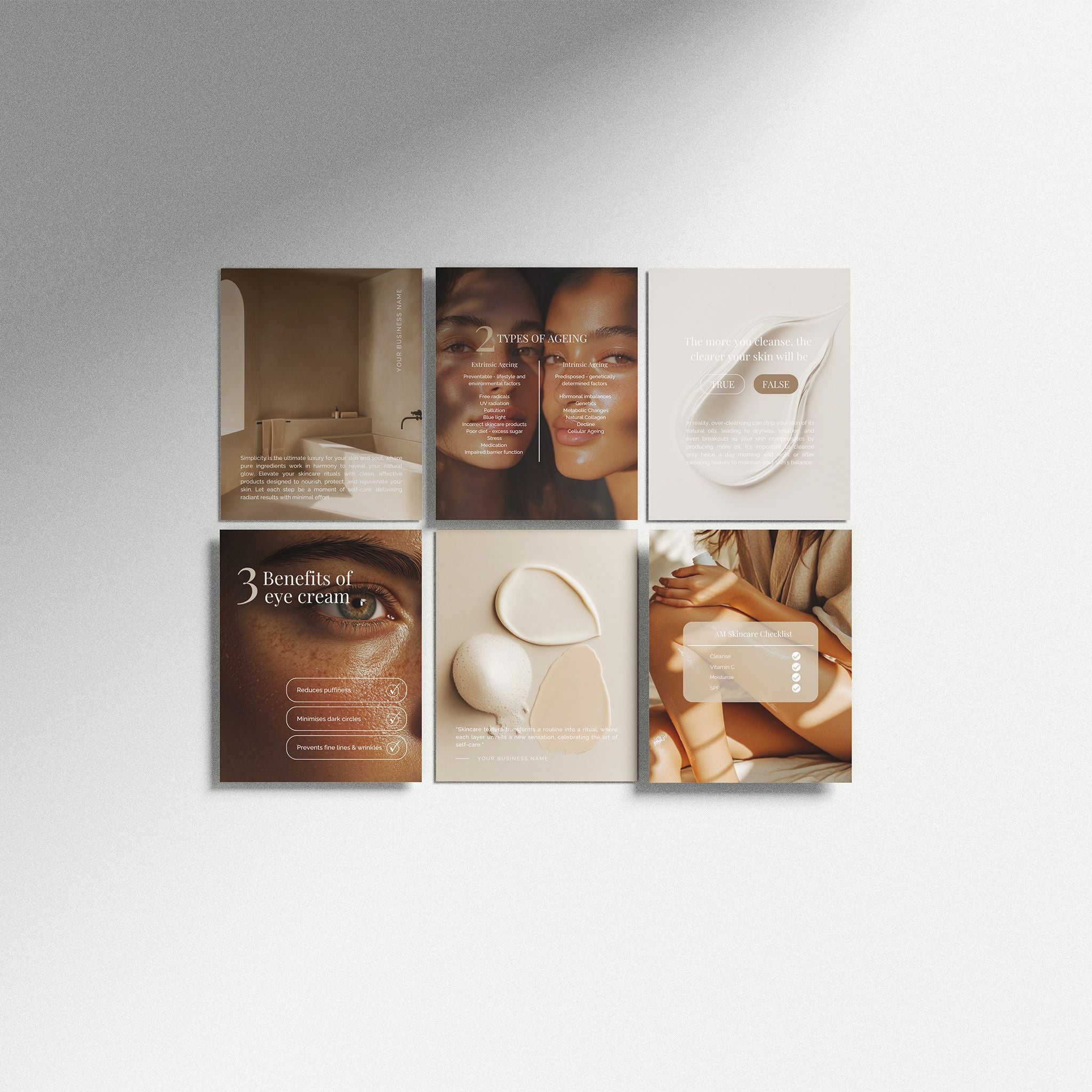 Collage of social media posts featuring skincare on a neutral background