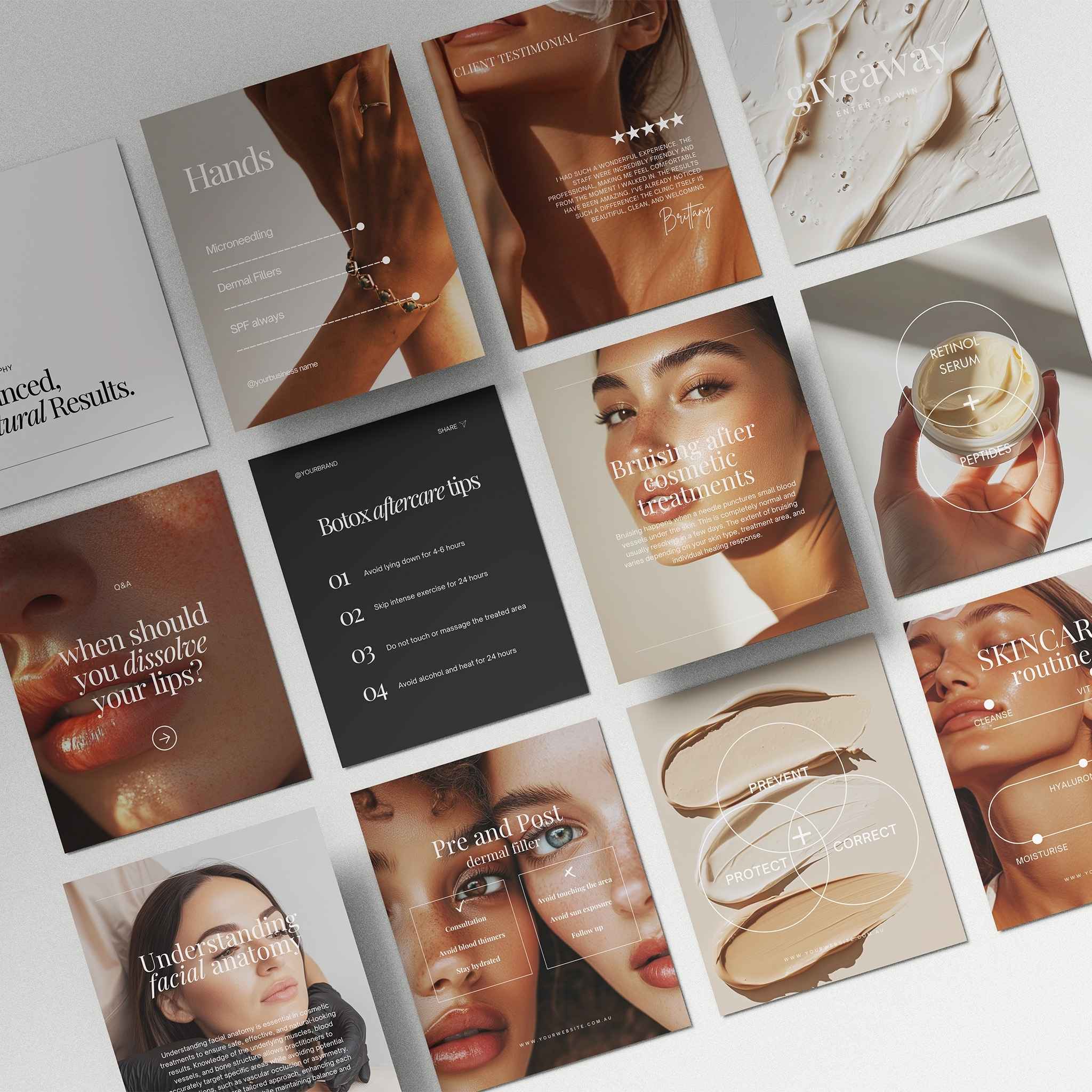 Collage of skincare and beauty instagram templates with text and images of skin care routines.