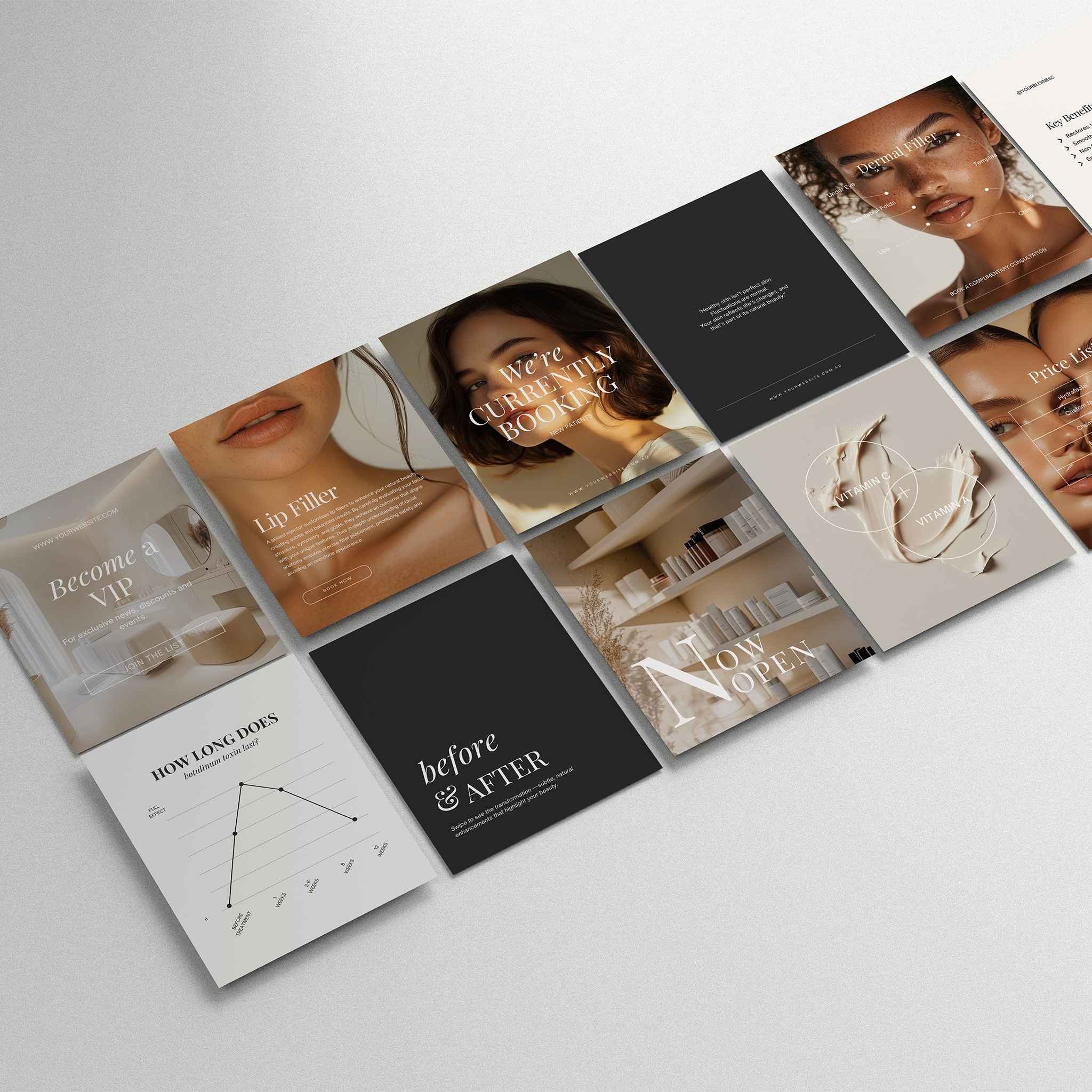 Collage of skincare product packaging with text and images on a light grey background