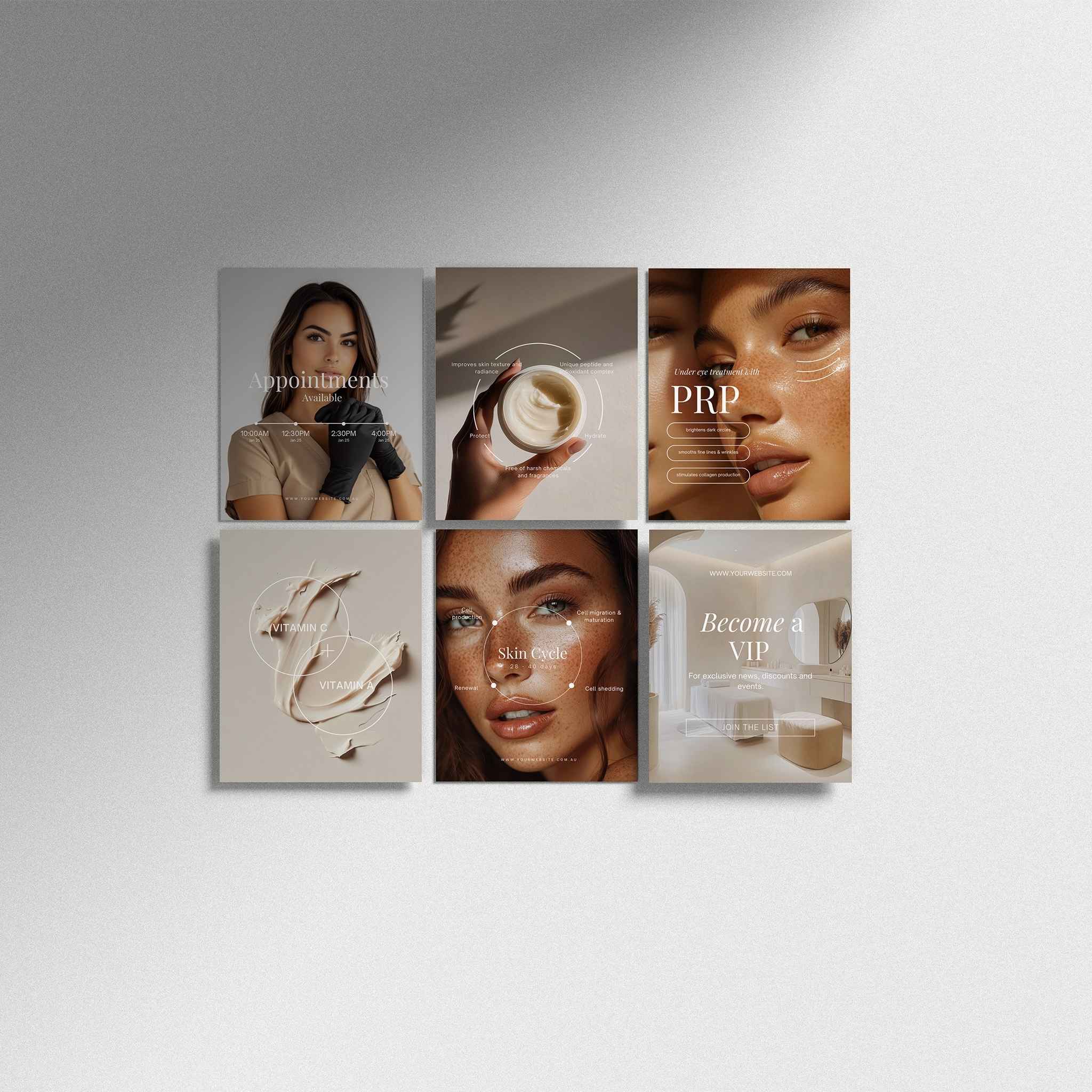 Collage of six square images featuring a woman, skincare products, and text on a grey background.