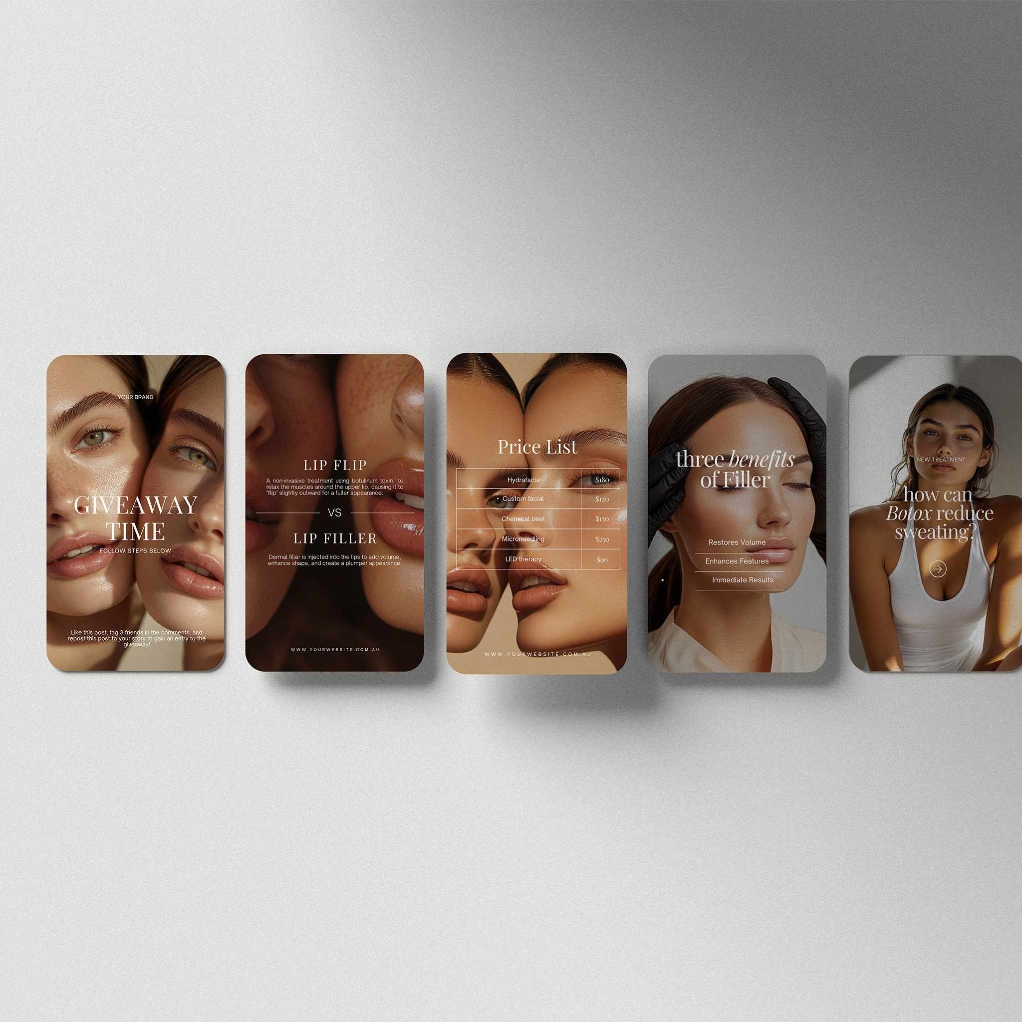 Set of six instagram templates displaying medspa advertisements with women's faces.