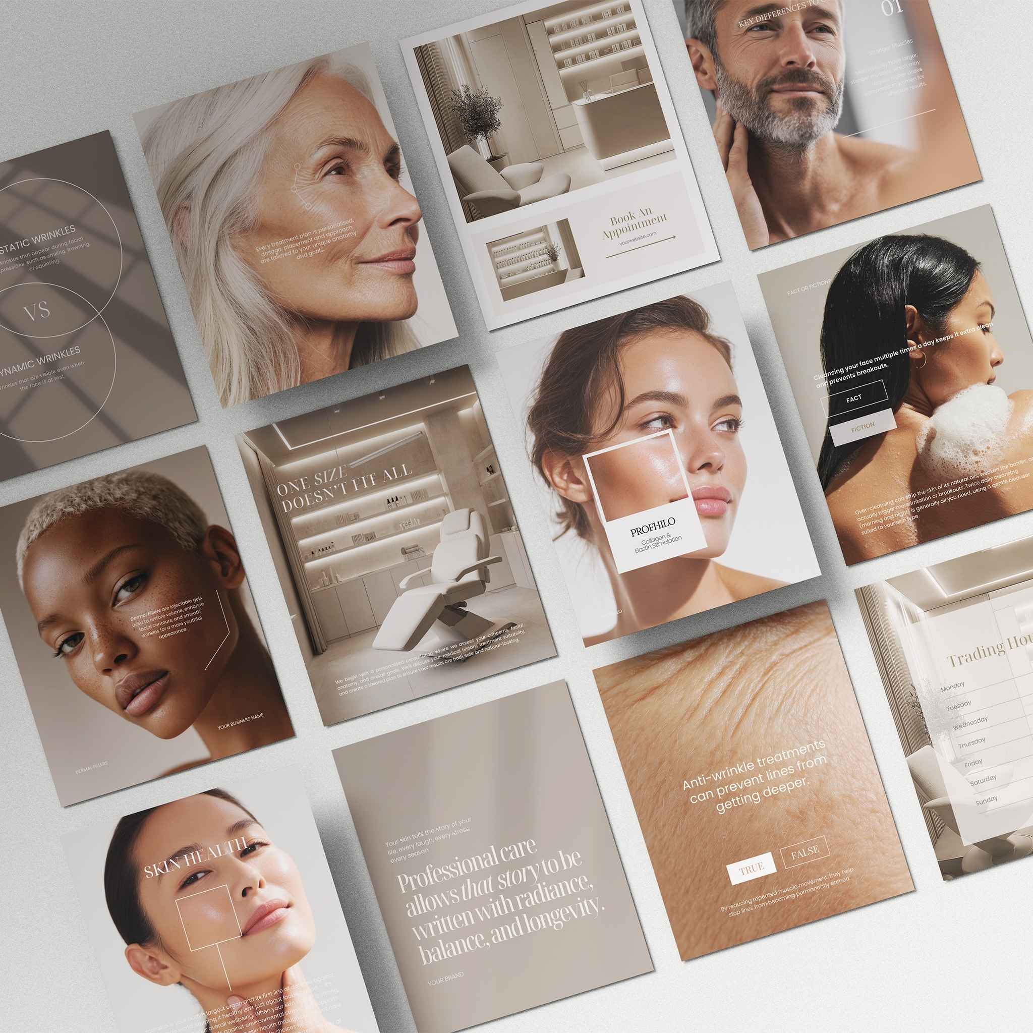 Collage of skincare instagram templates with close-ups of faces and text on a light background