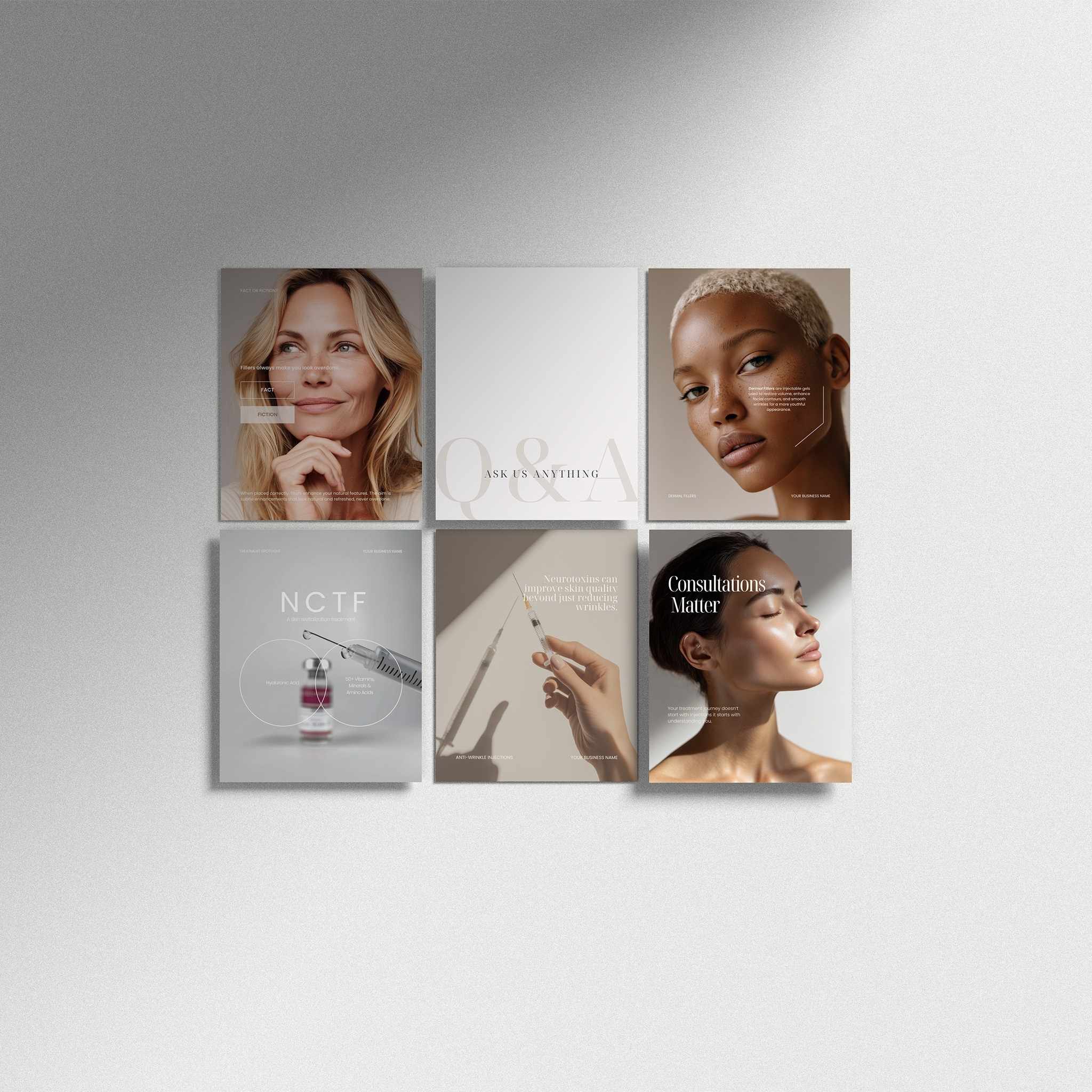 Six medspa instagram templates on a grey wall