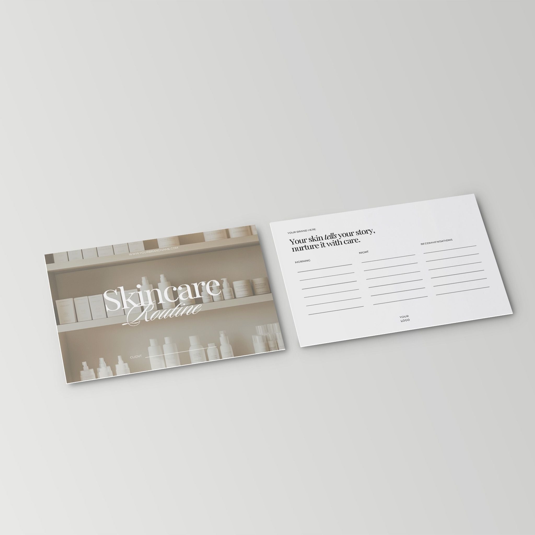 Skincare routine A6 card mockup on a light grey background