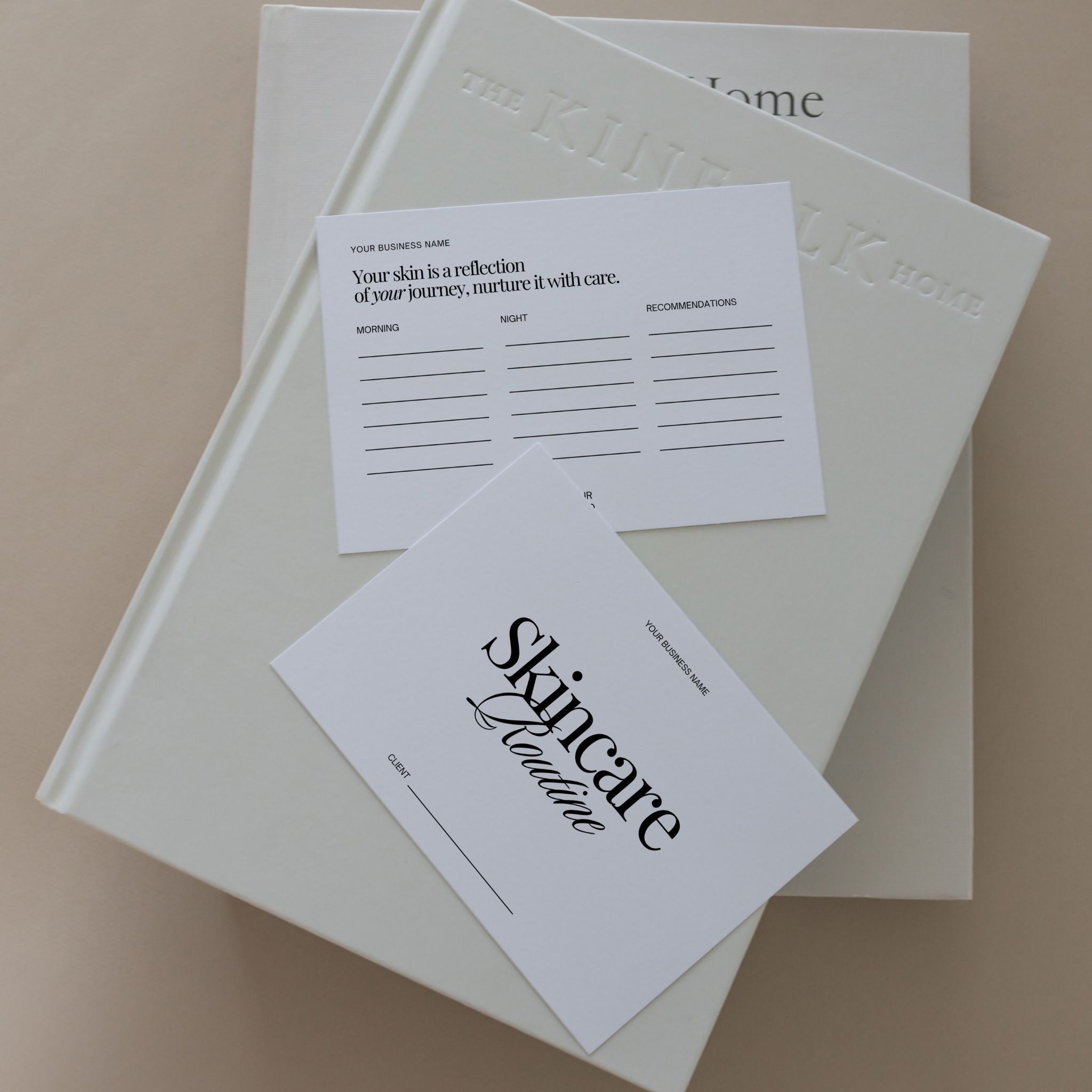 Skincare routine card mockups on booklets on a beige surface