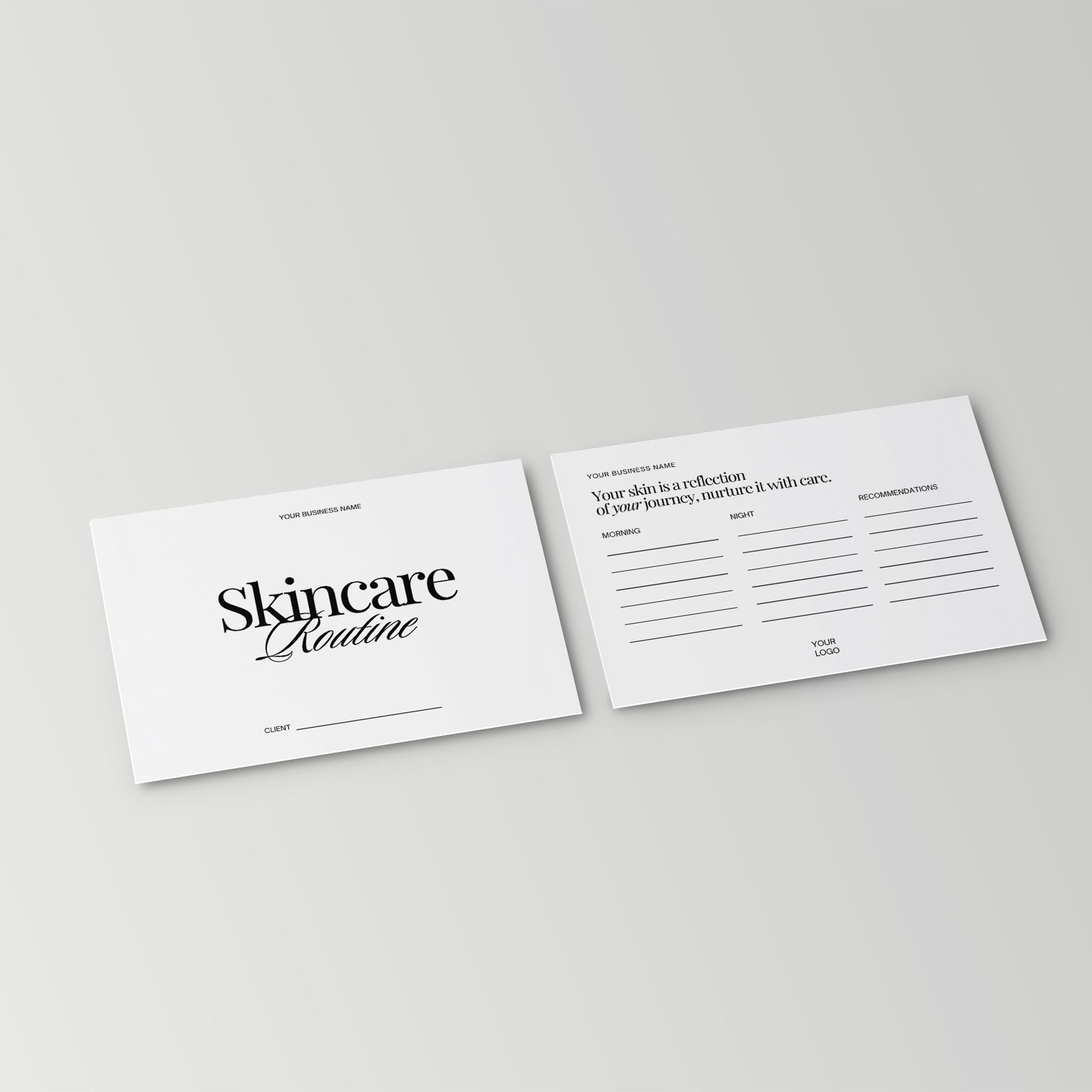 Two white cards with black text on a gray background