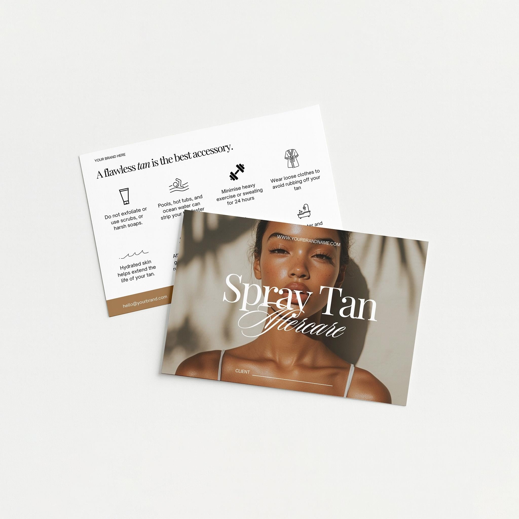 Spray tan aftercare guide with a woman's face on a white background