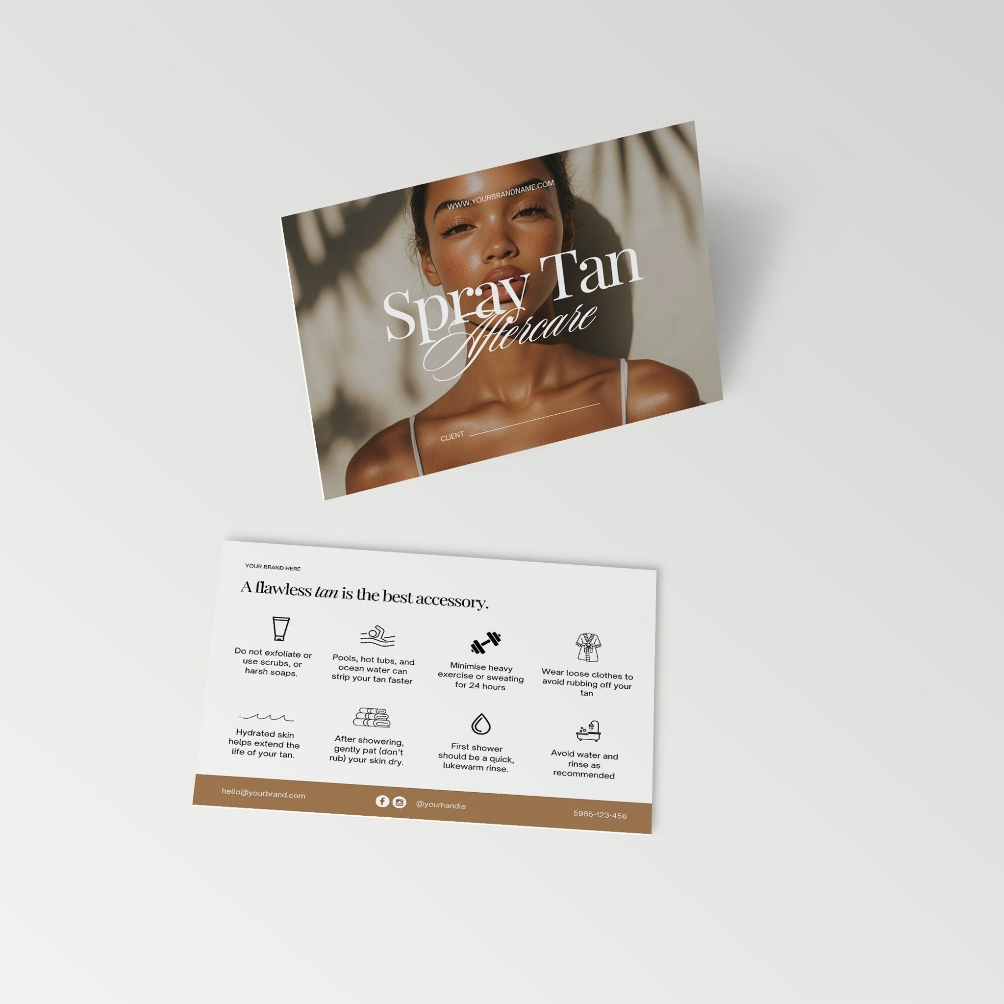 Spray tan aftercare flyer with a woman's face and instructions on a white background