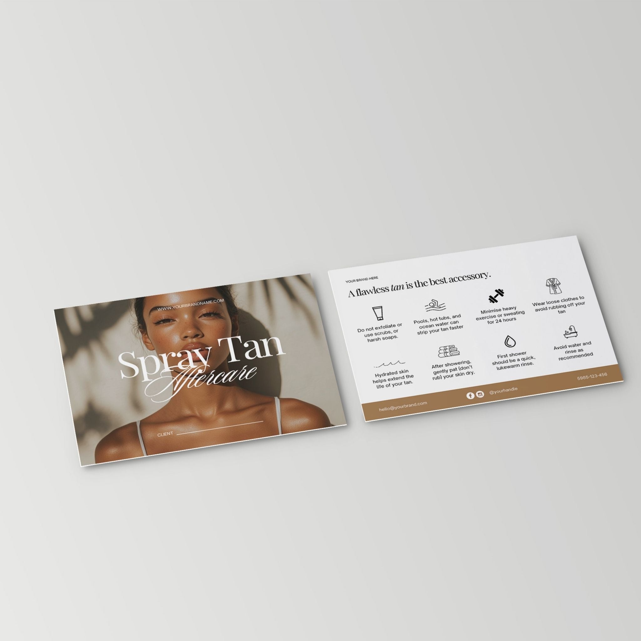 A6 card about spray tan aftercare on a light grey background