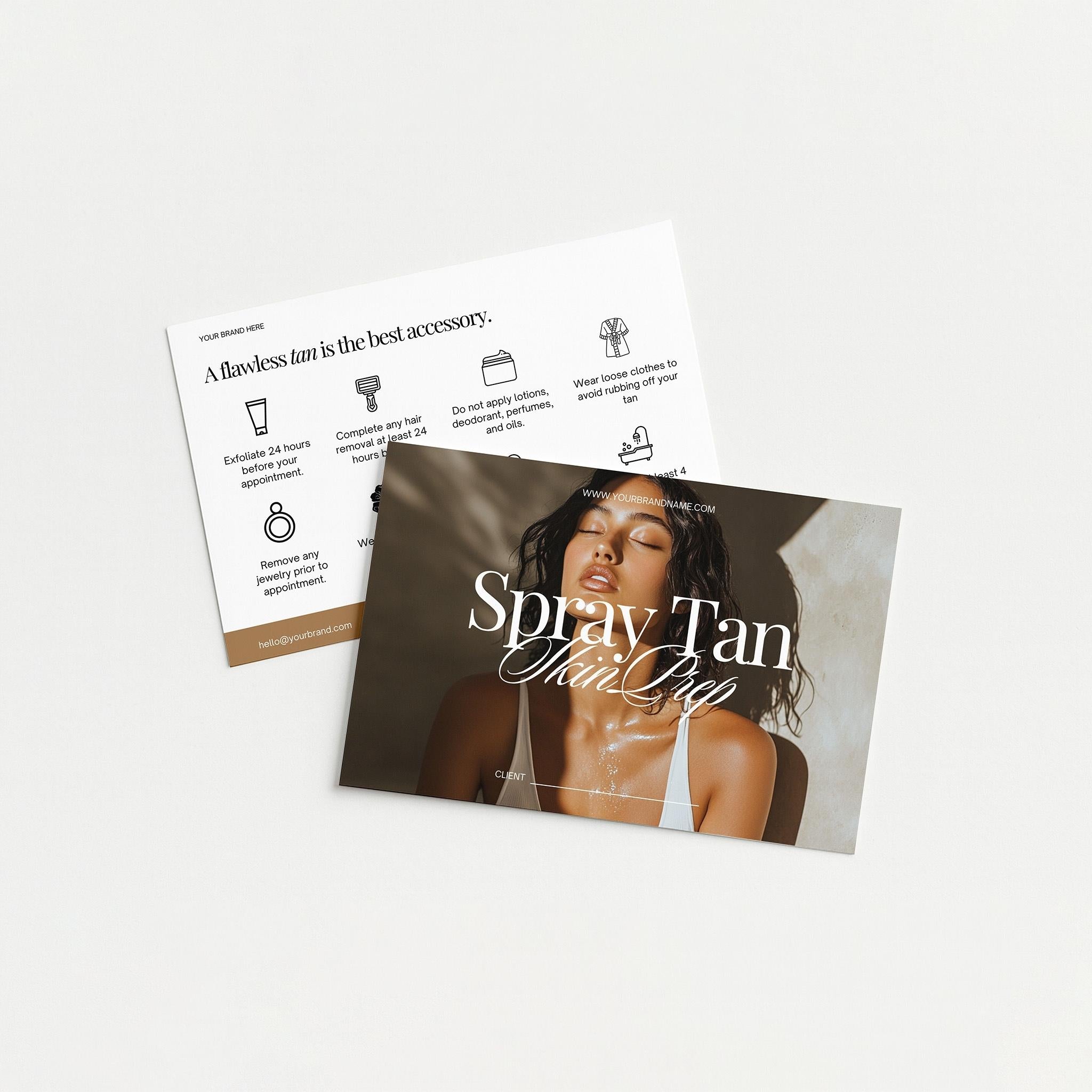Spray tan skin preparation card with a woman's face on a white background