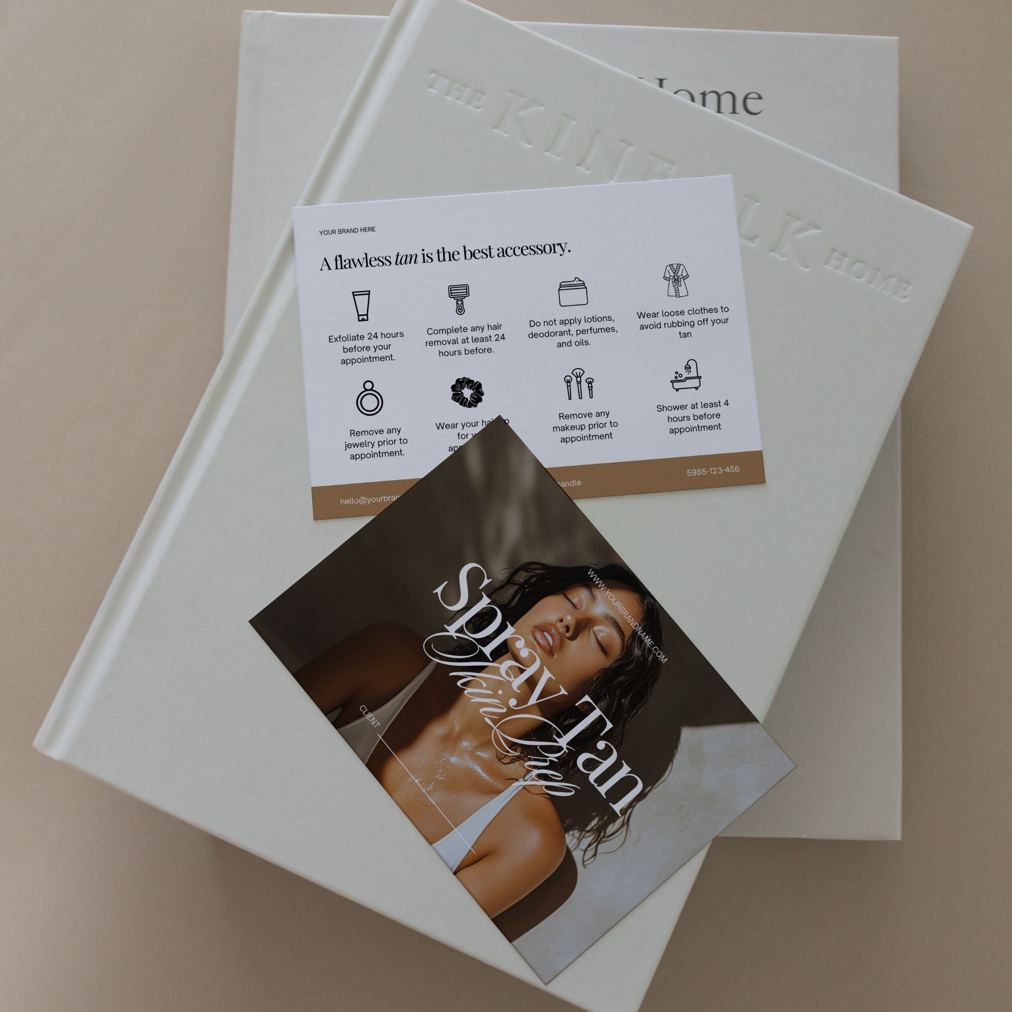 A6 card mockup with a woman's face and text on a beige background