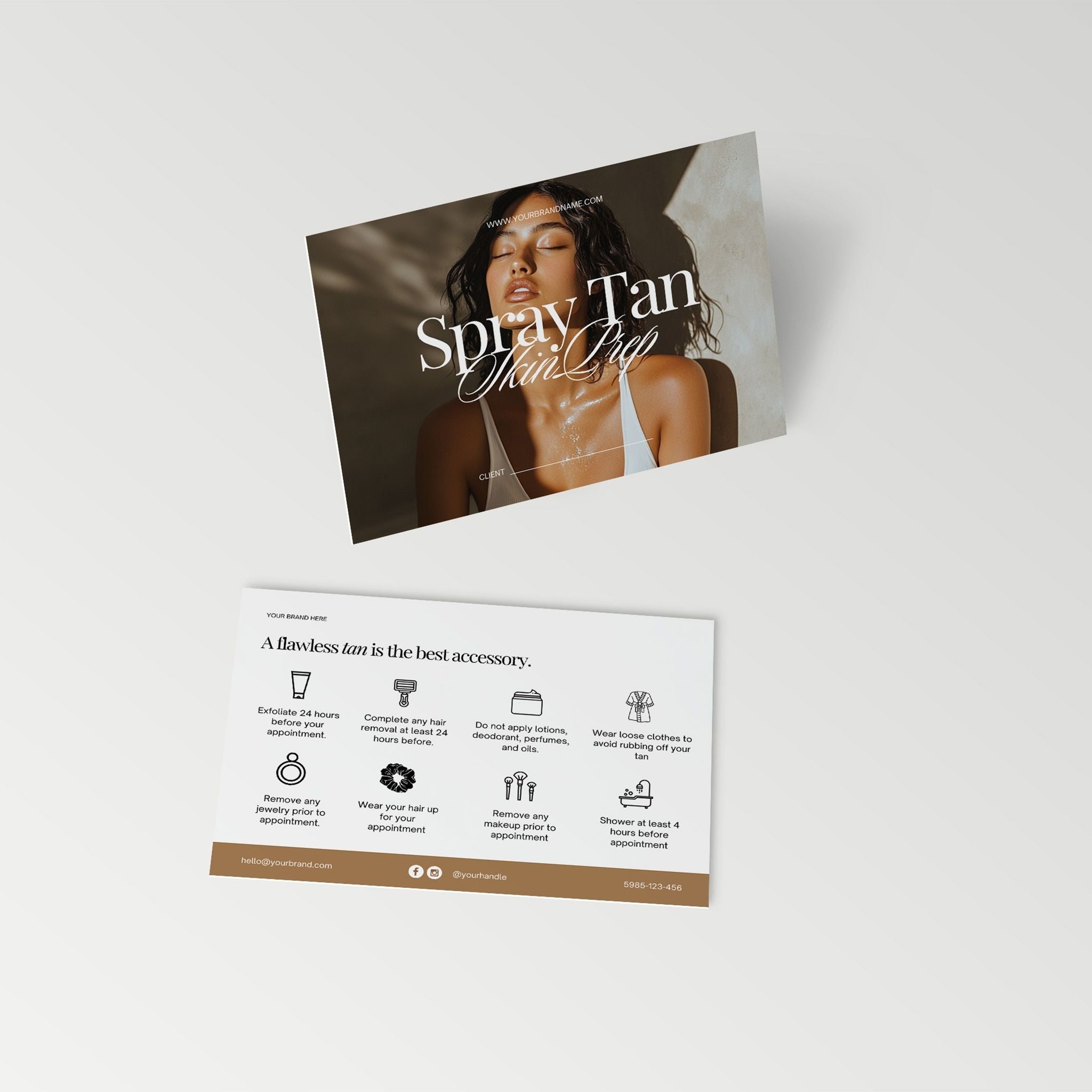 A6 card for a spray tan with a model on the cover and instructions below.