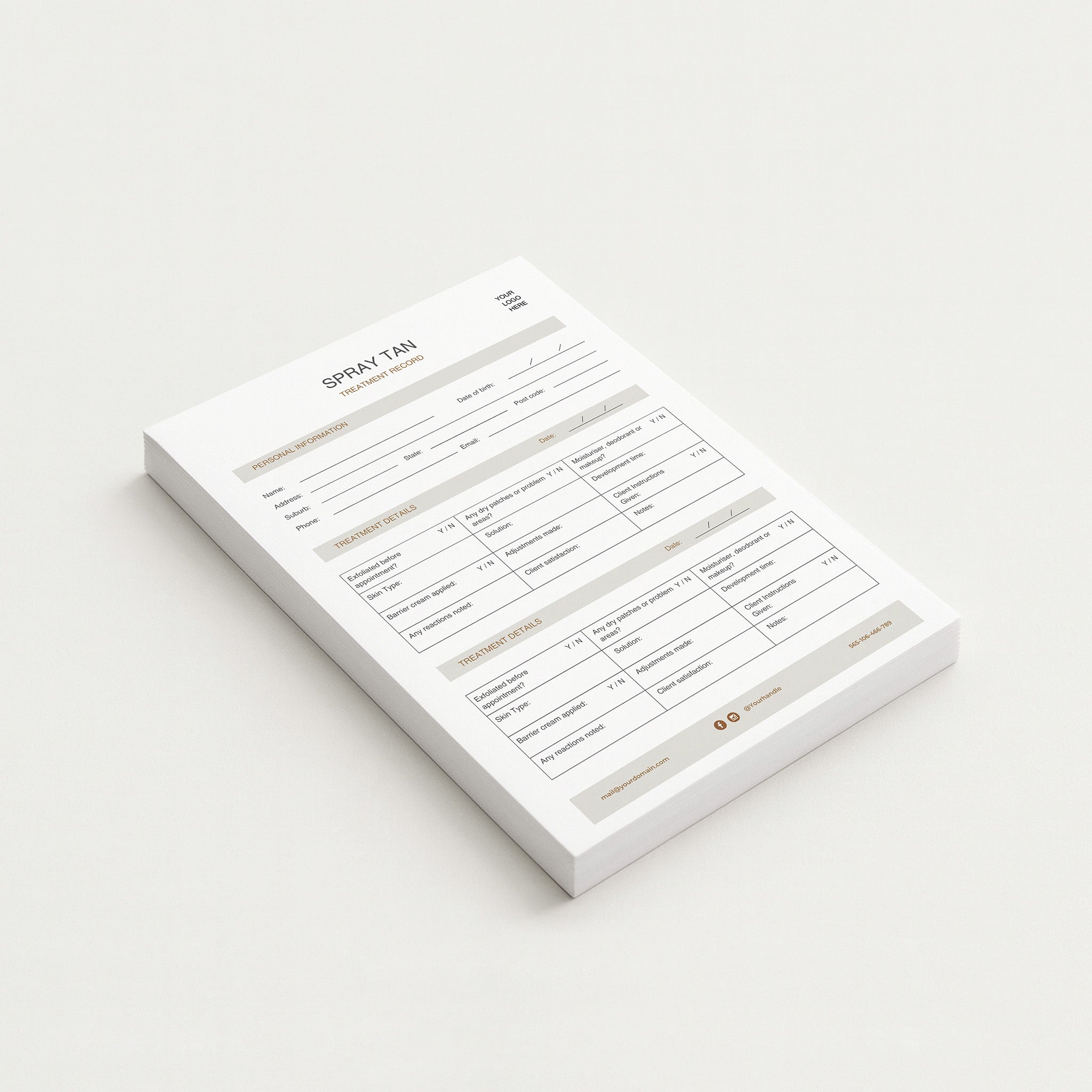 Spray tan treatment form on a white background