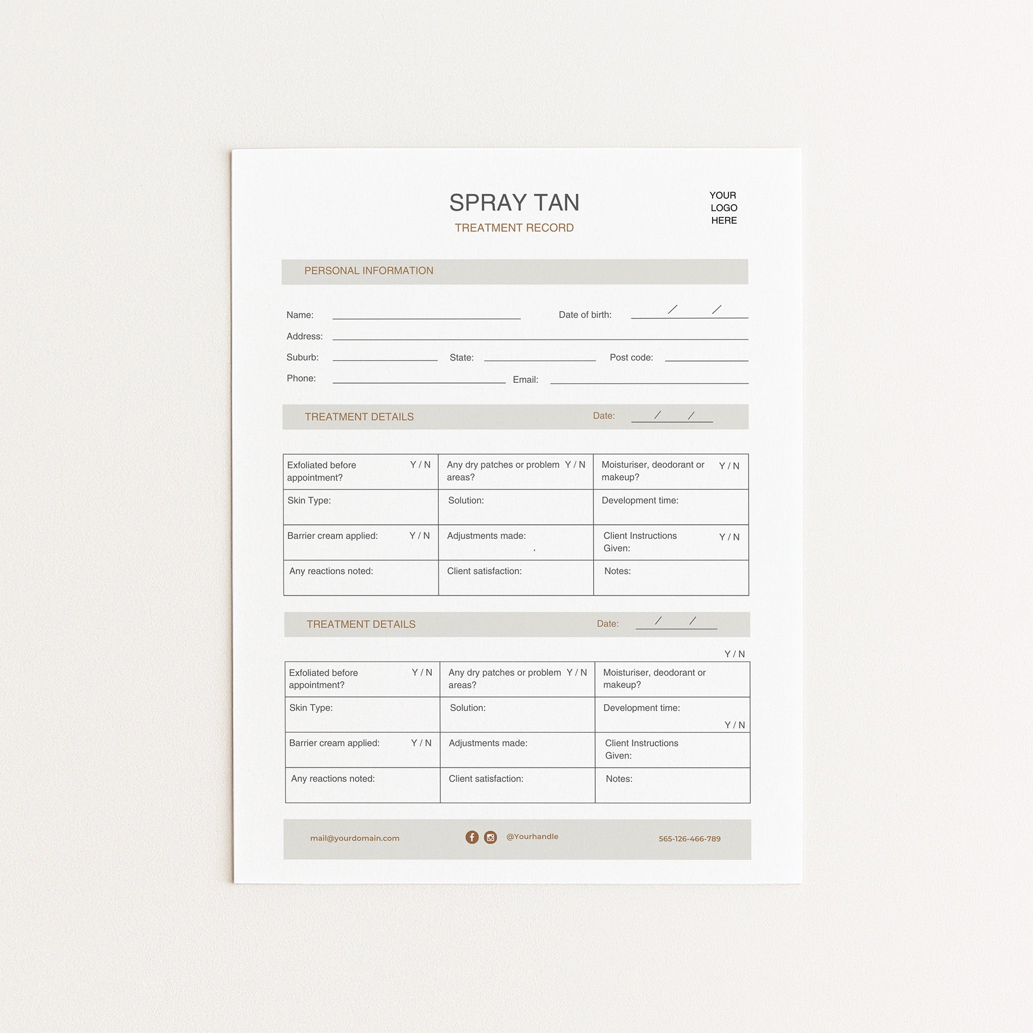 Spray tan treatment record form on a white background