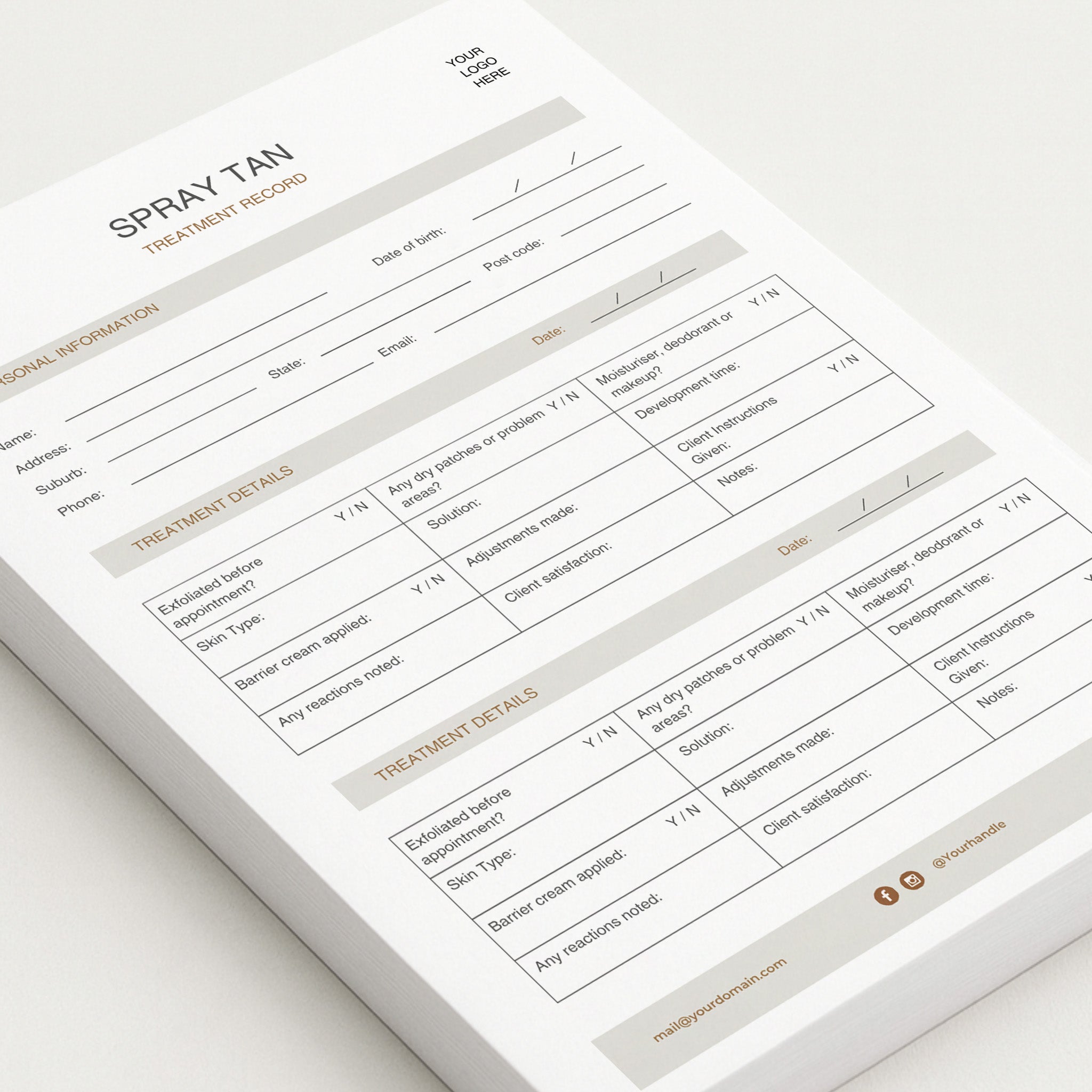 Spray tan treatment record form on a white background