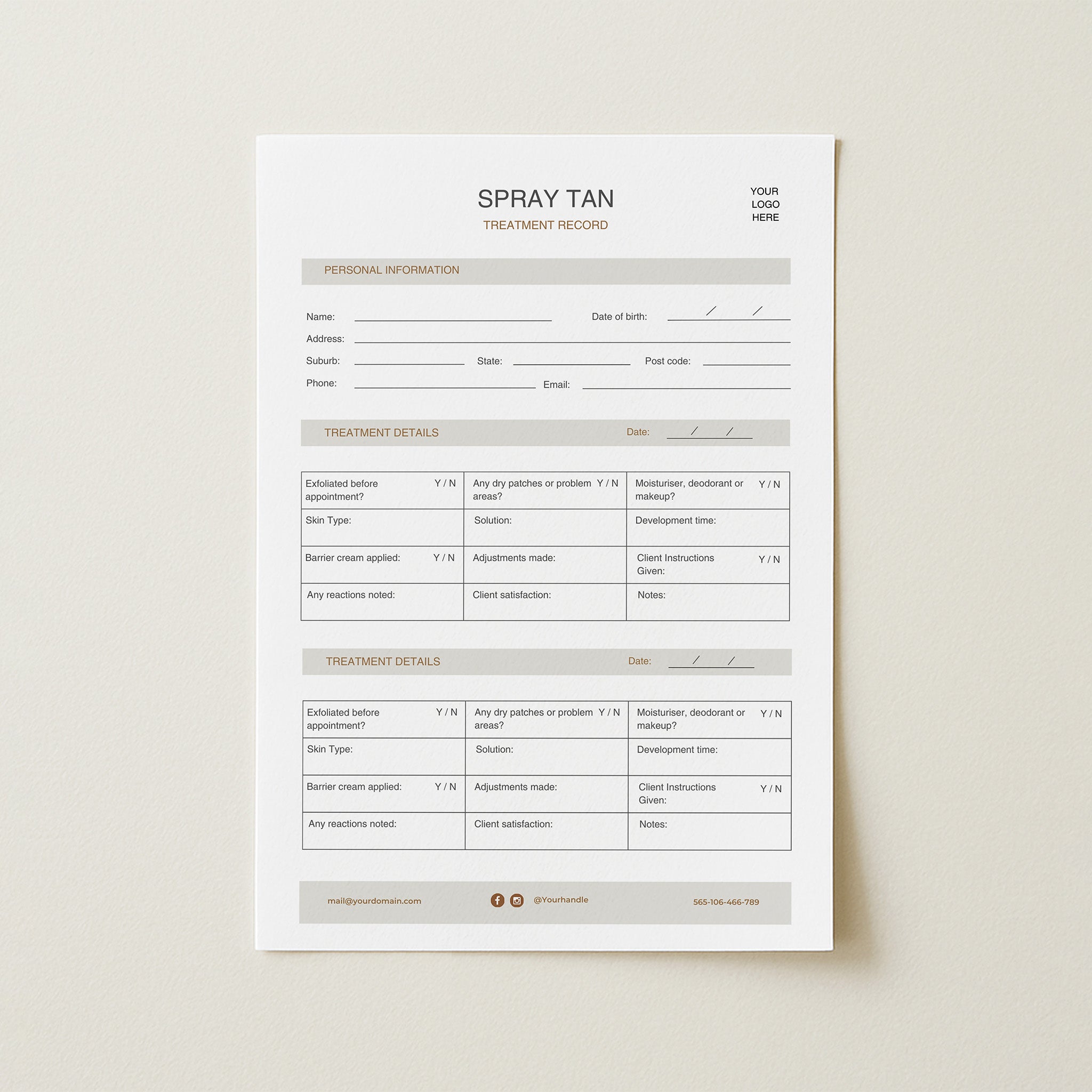 Spray tan treatment record form on a light beige background
