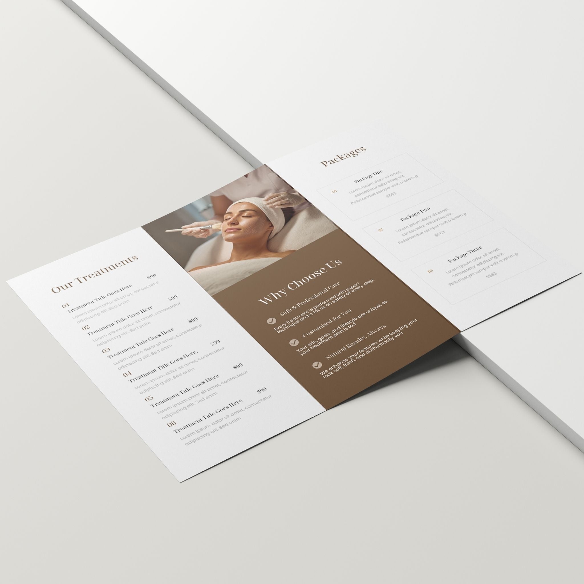 Brochure with spa-themed design on a light grey background