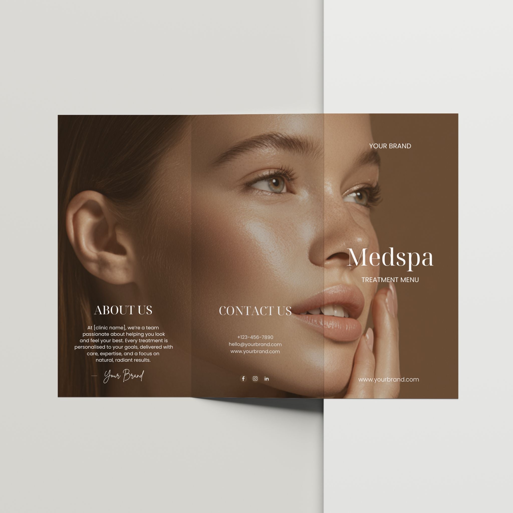 Tri-fold brochure design for a medspa with a woman's face on a neutral background