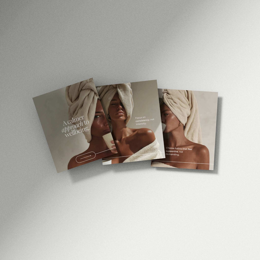 Three brochures featuring images of a woman with a towel on her head against a white background.
