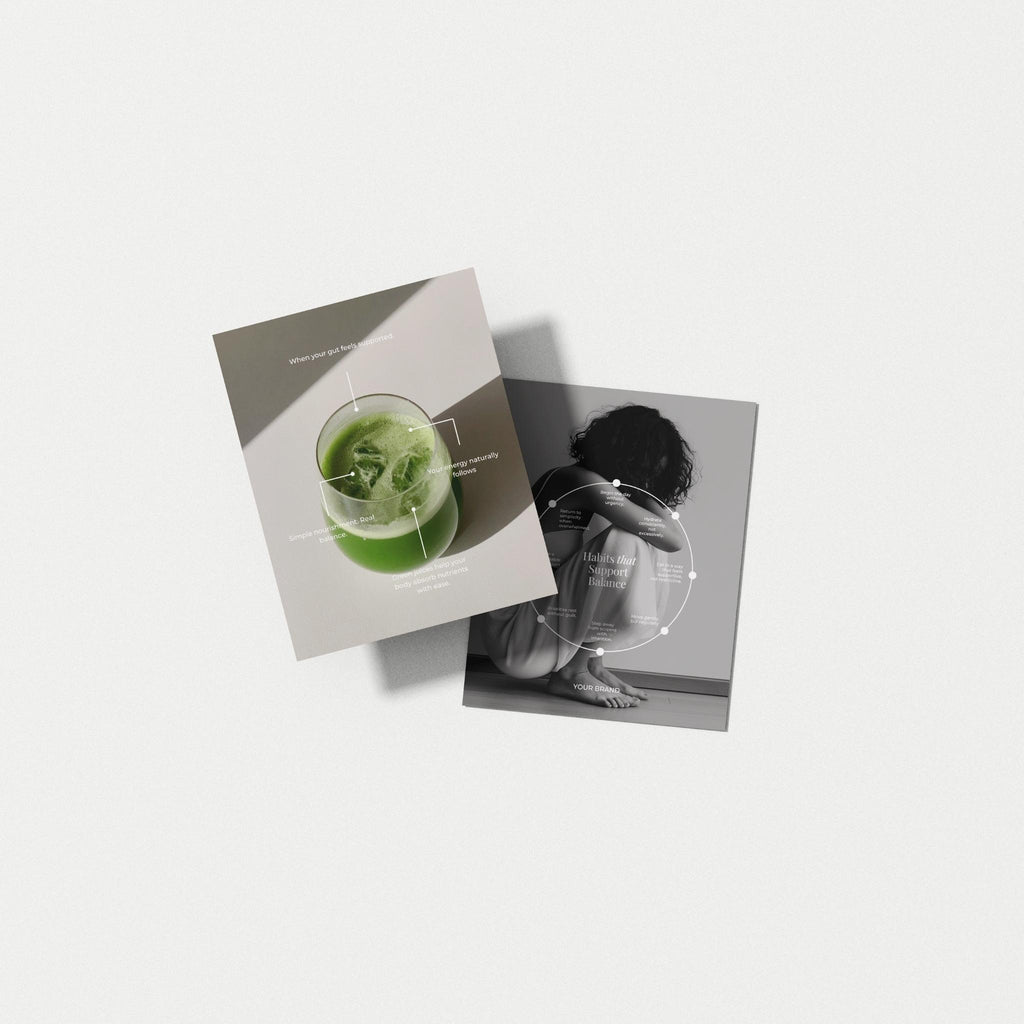Two instagram posts on a white background, one with a green drink and the other with a silhouette of a person.