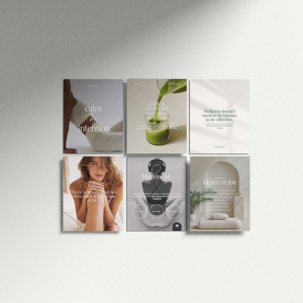 Set of six wellness instagram templates on a light white background