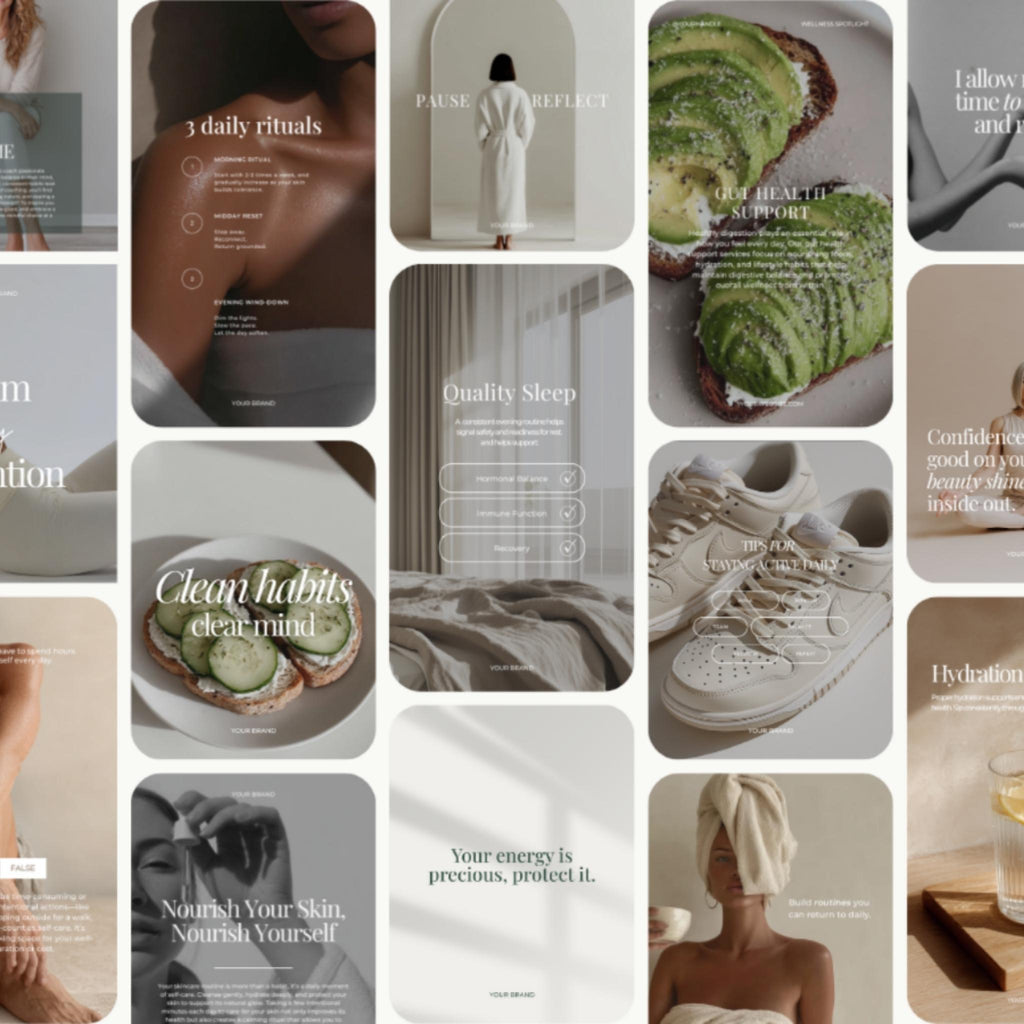 Collage of lifestyle and wellness images including a woman in a robe, avocado toast, and text about daily rituals.