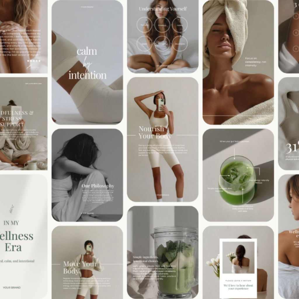 Collage of images promoting wellness and self-care with text and lifestyle shots.