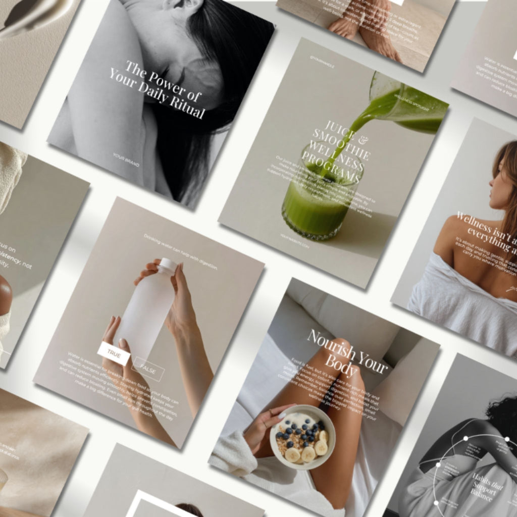 Collage of health and wellness social media templates with text and images of people and products.