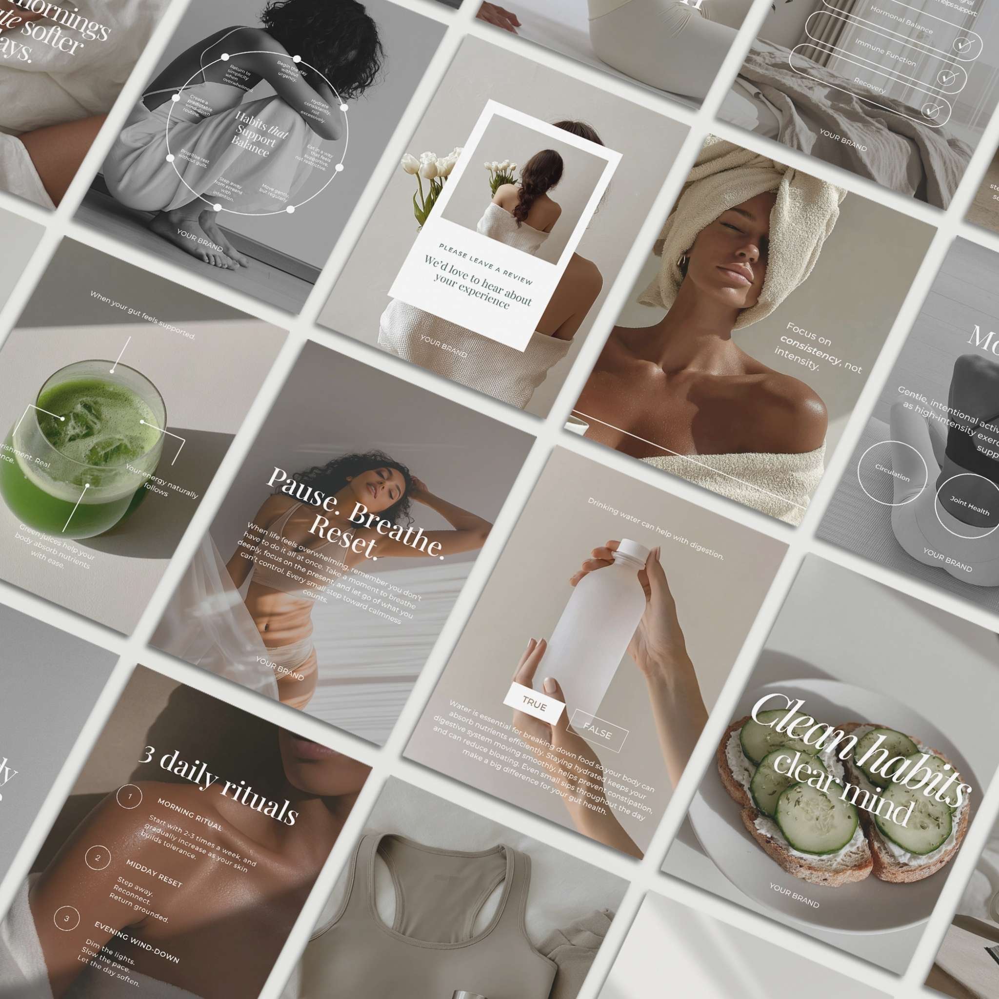 Collage of lifestyle images with people, products, and text on a neutral background
