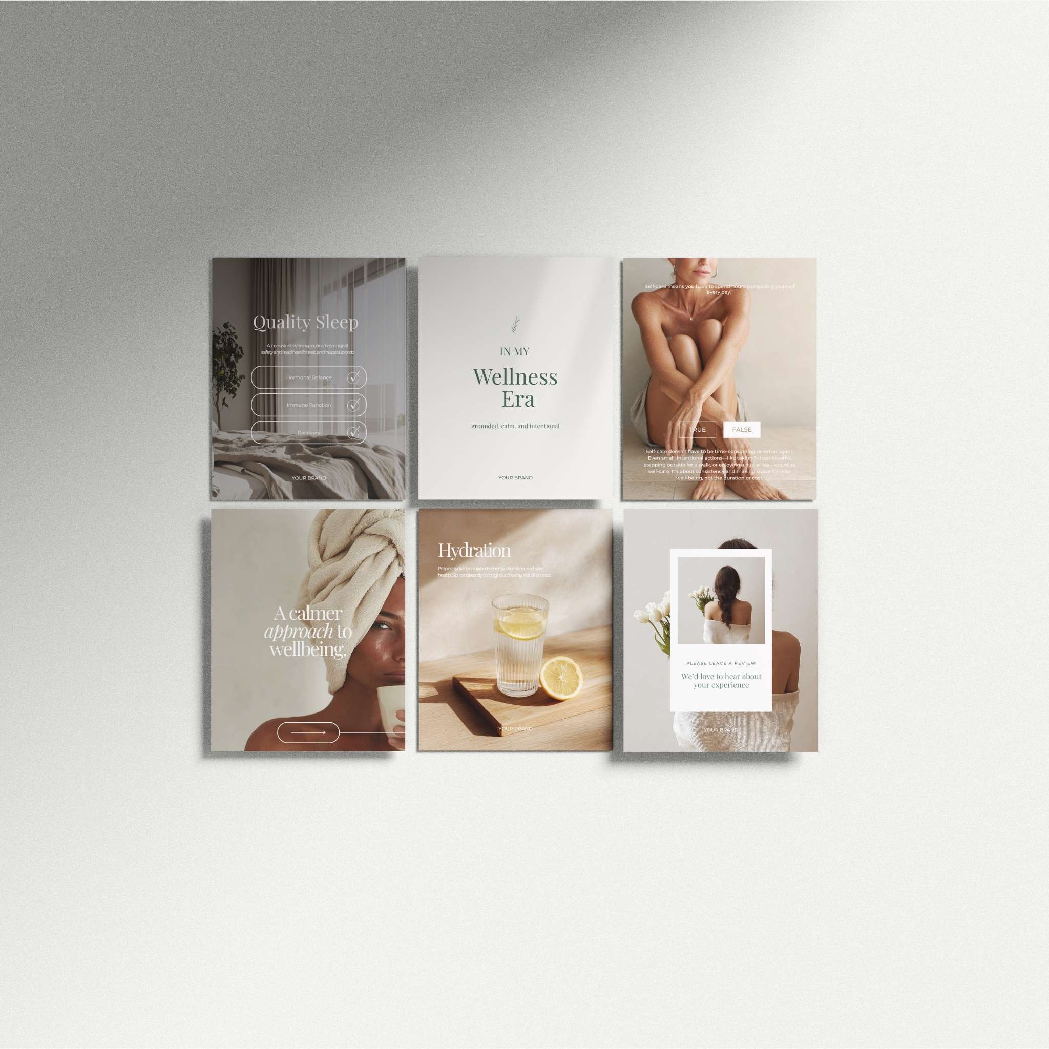 Set of six wellness canva templates on a white wall.